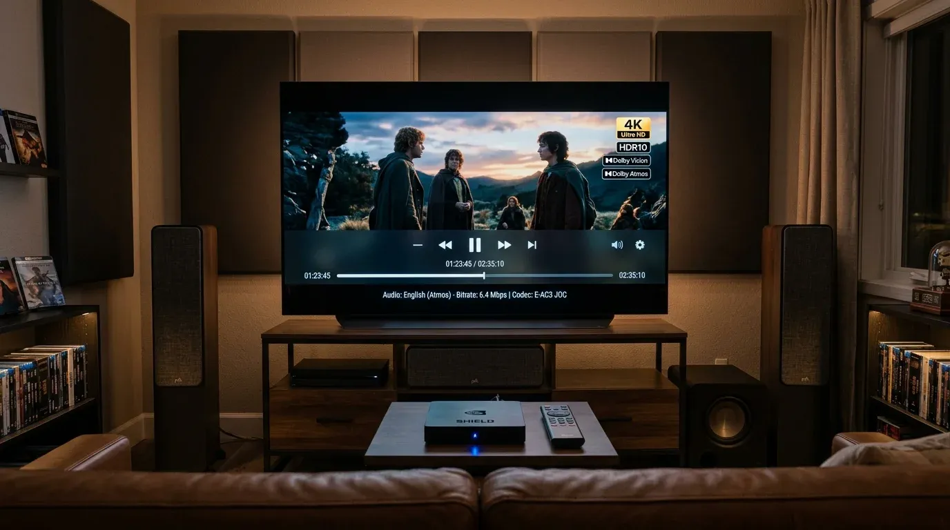 Воспроизведение фильма в разрешении 4K Dolby Vision на экране домашнего кинотеатра с выводом звука Atmos