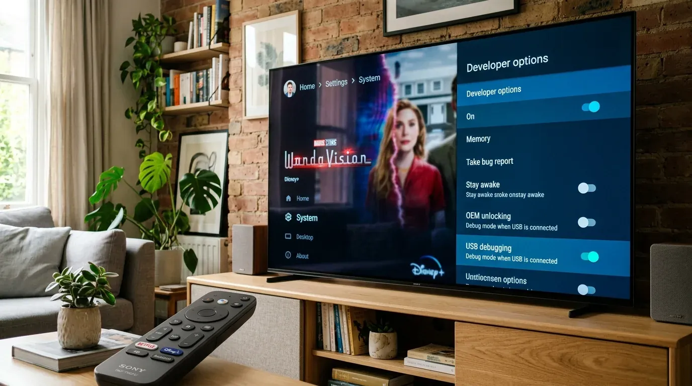 Экран настроек разработчика на Android TV с включенным переключателем отладки по USB