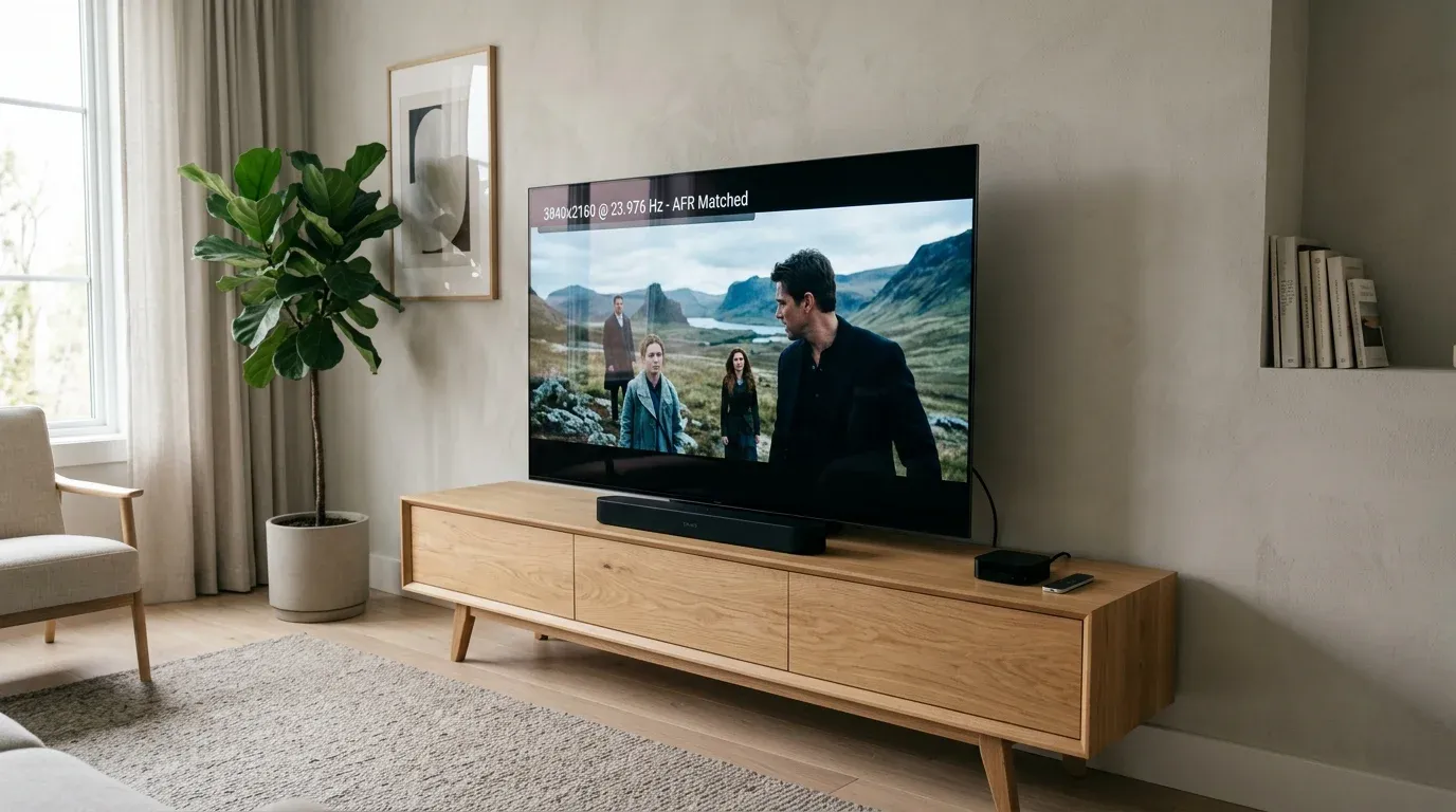 Современный OLED телевизор на деревянной тумбе с выводом технического статуса кадровой частоты 23.976 Гц