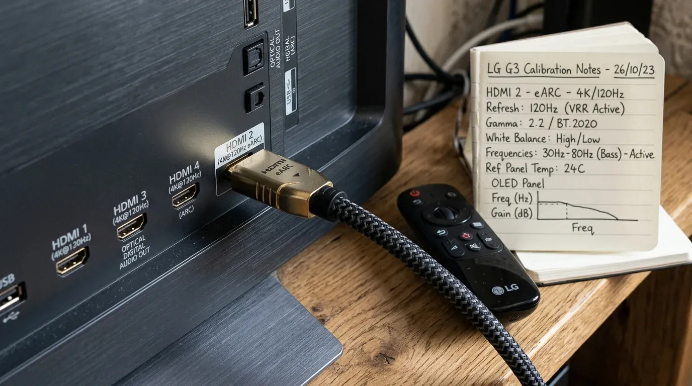 Макросъемка кабеля HDMI 2.1 eARC подключенного к задней панели телевизора рядом с блокнотом калибровки