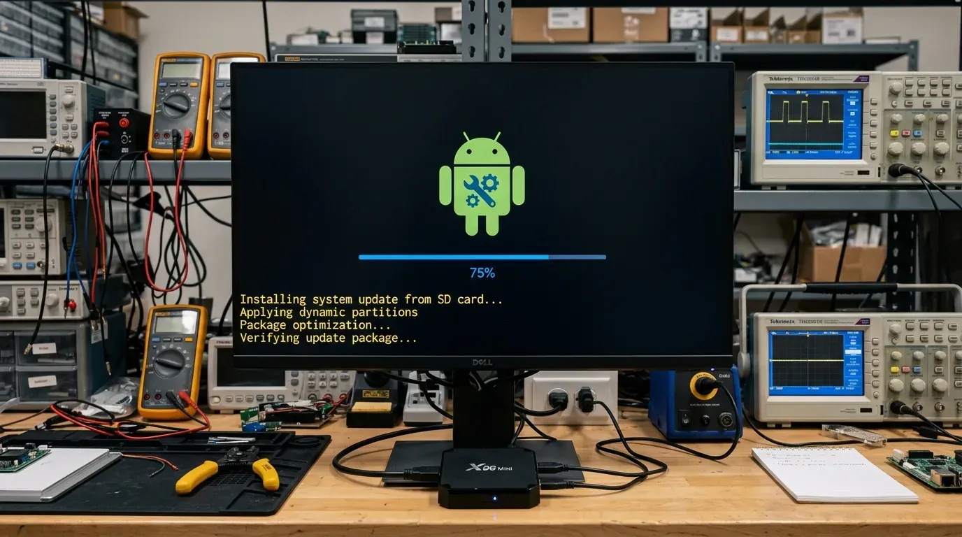 Экран телевизора в процессе автоматической прошивки Android с карты памяти MicroSD