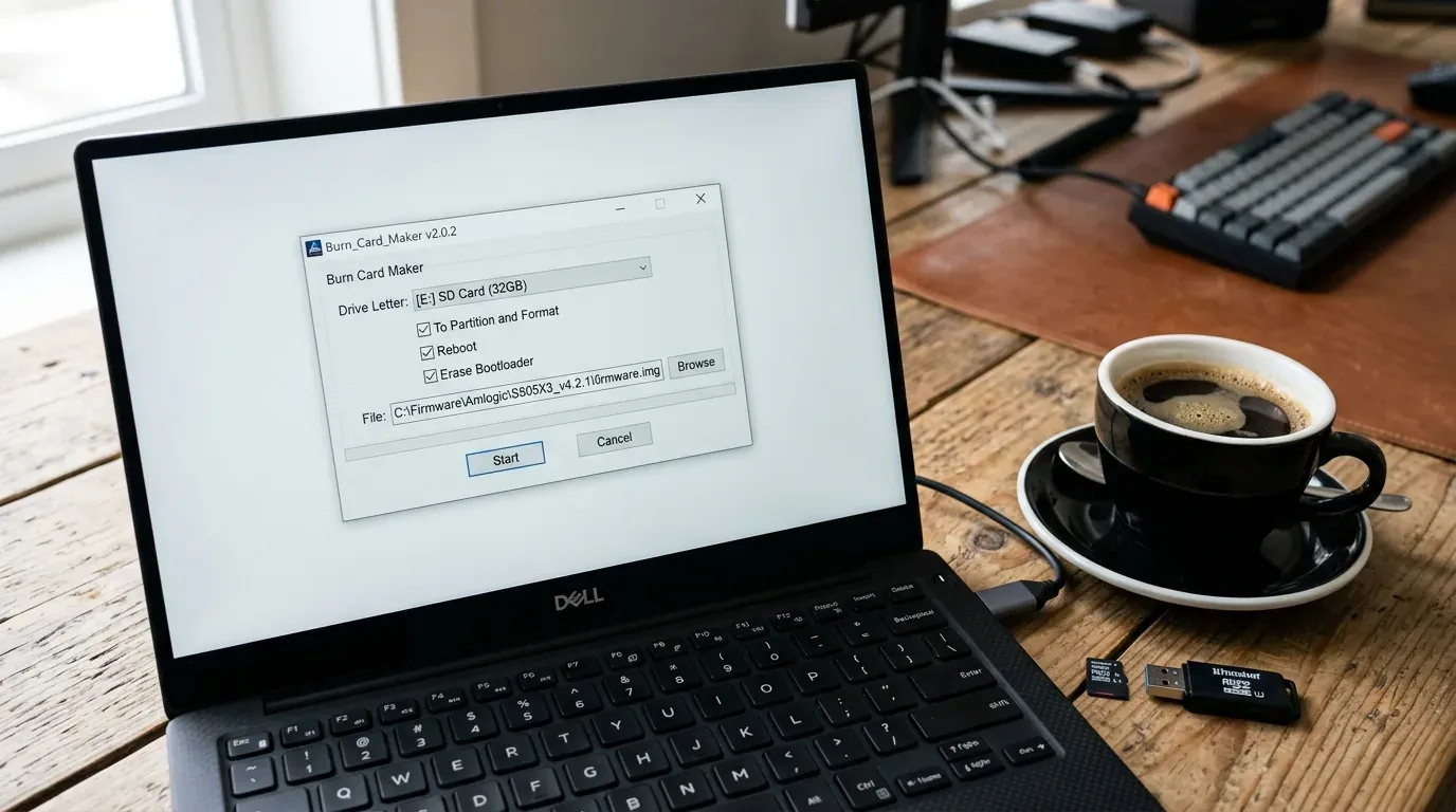 Окно программы Burn Card Maker с выбранными опциями форматирования и путем к файлу прошивки