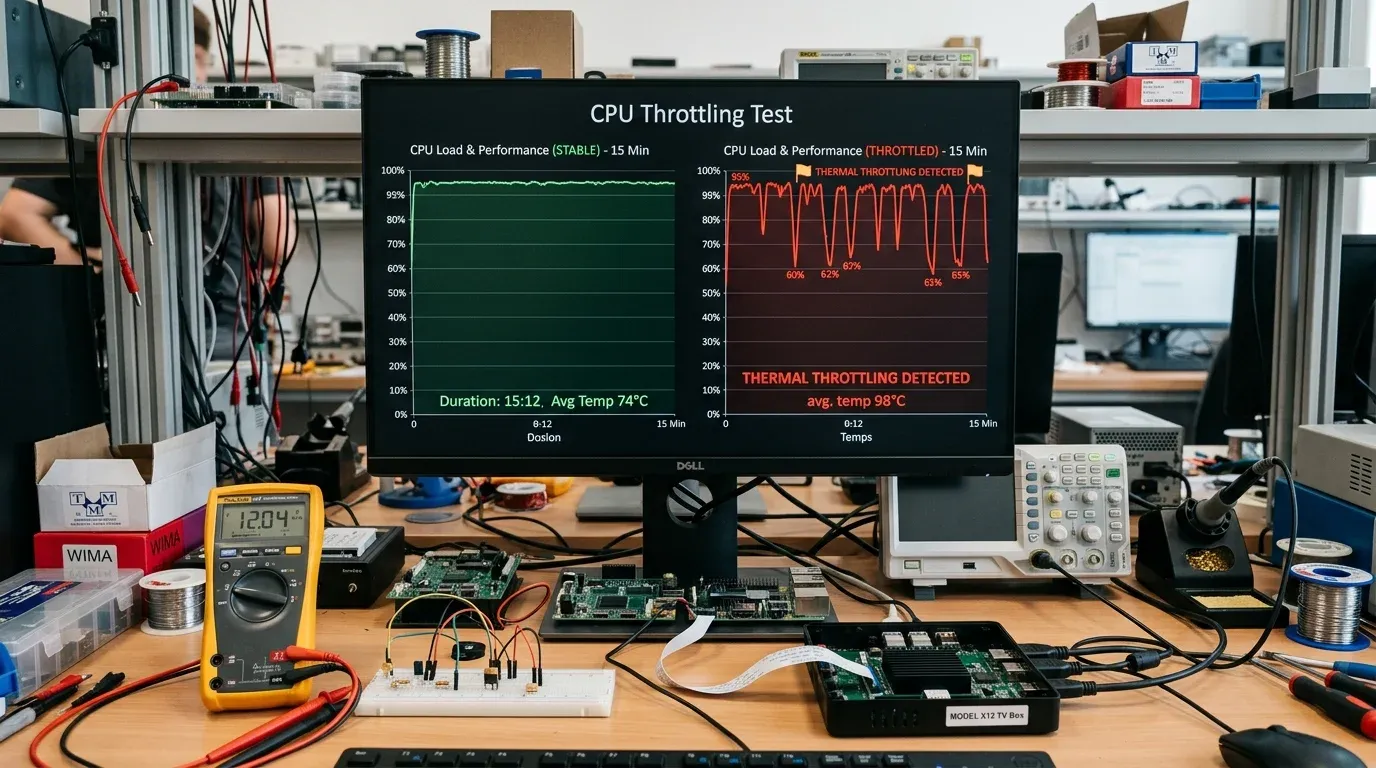 График 15-минутного теста CPU Throttling Test со стабильной производительностью бокса и перегревом стика
