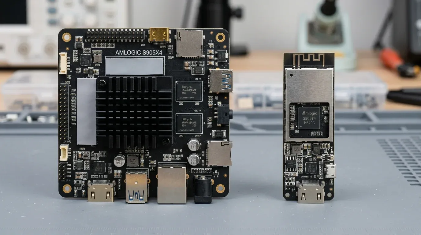 Сравнение печатной платы ТВ-бокса на процессоре Amlogic S905X4 и компактного стика на S905Y4