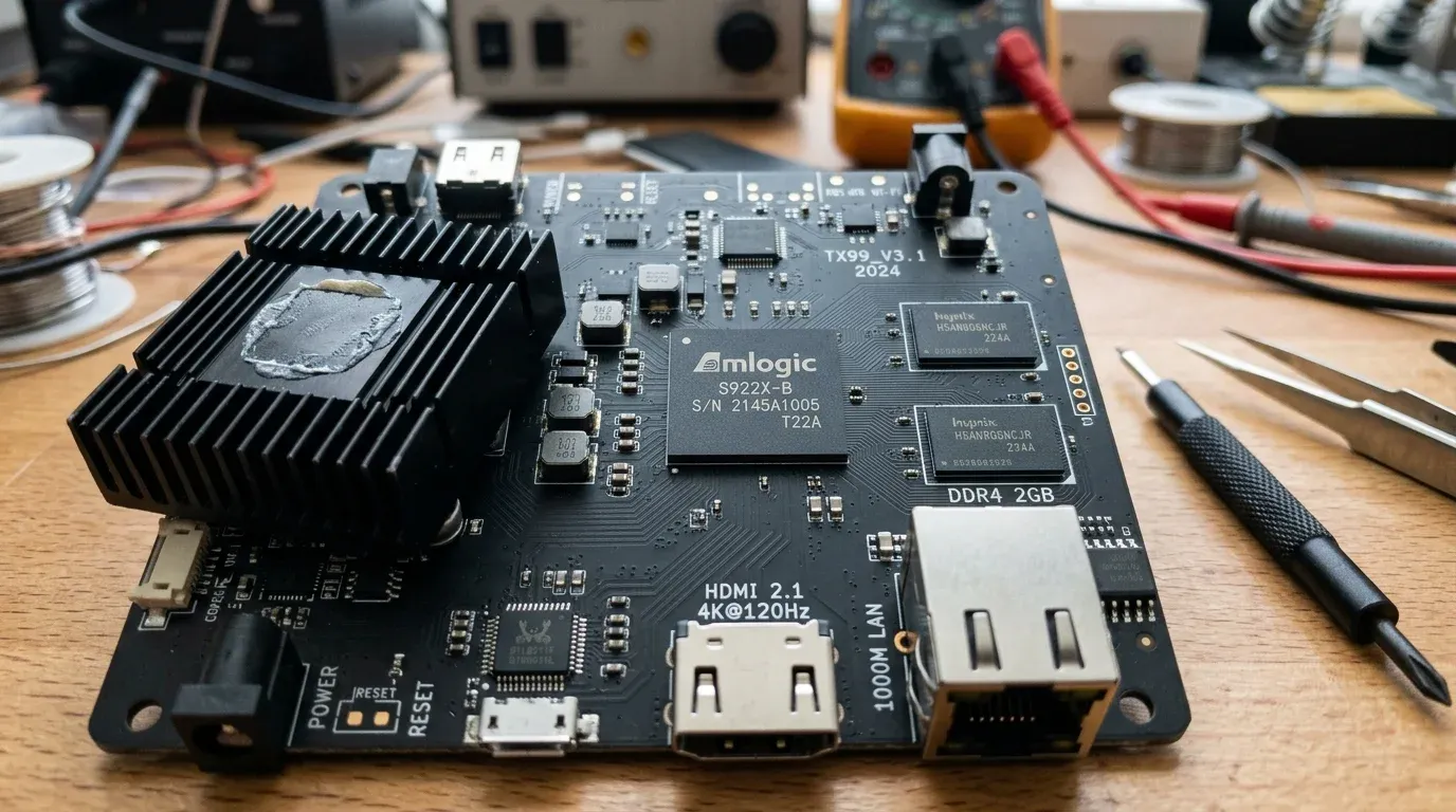 Макросъемка печатной платы медиаплеера с процессором Amlogic и интерфейсом HDMI 2.1
