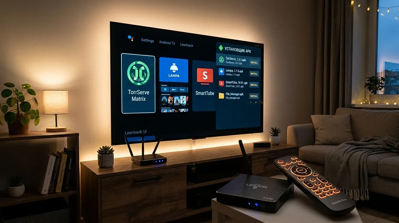 Экран Android TV с установленными приложениями TorrServe Matrix, Lampa и меню проводника файлов APK