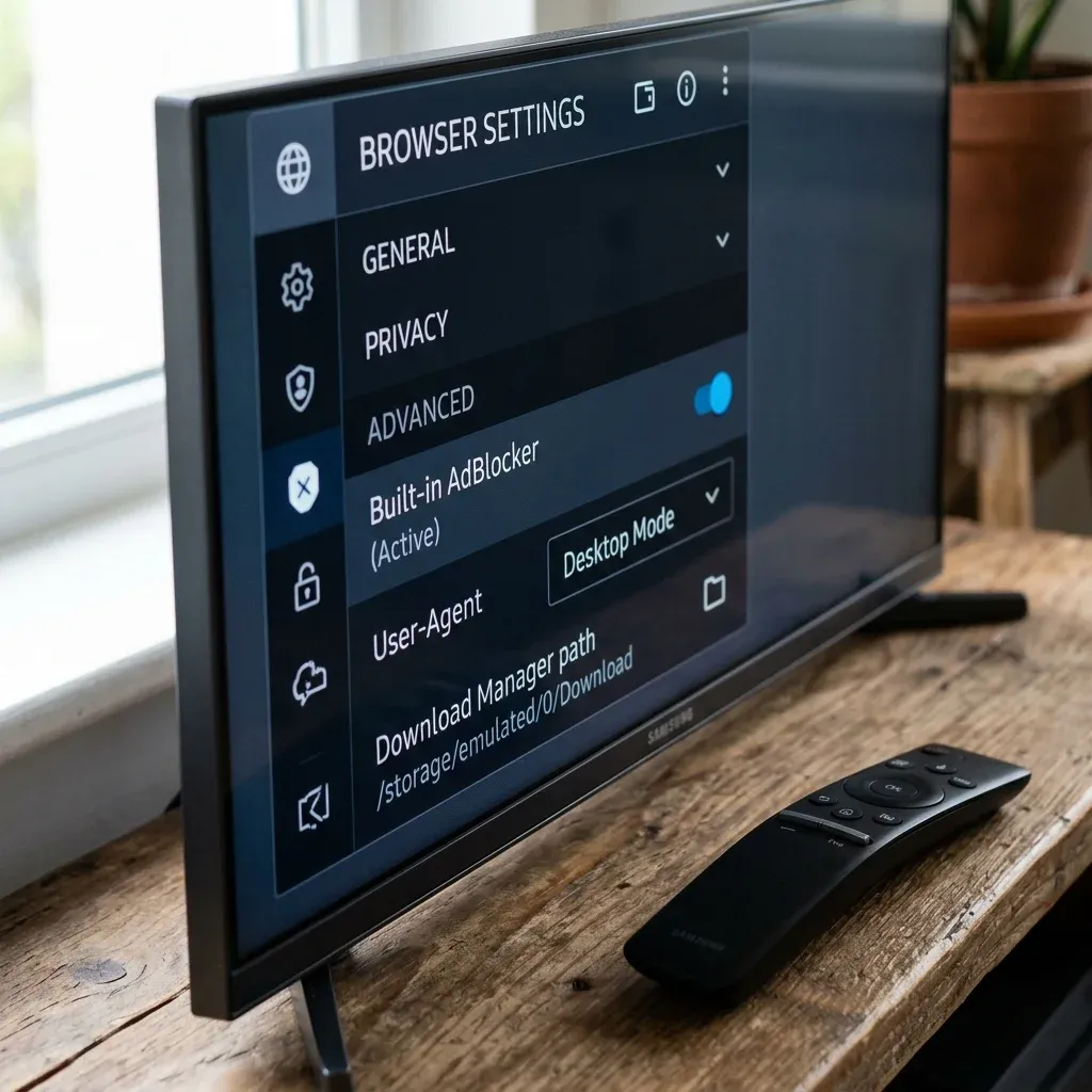 Меню расширенных настроек браузера TV Bro с пунктами блокировки рекламы и выбора папки загрузок
