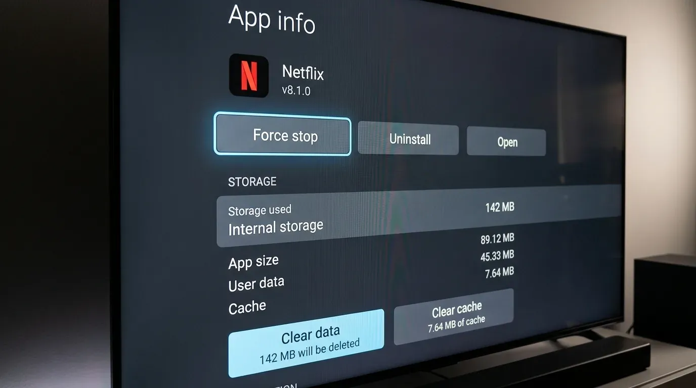 Меню параметров приложения в настройках Android TV с кнопками Стереть данные и Очистить кэш