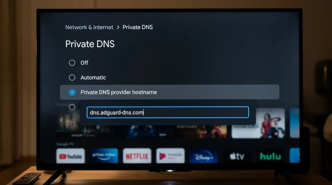 Системное меню Android TV с выбранным пунктом Private DNS и введенным хостом adguard