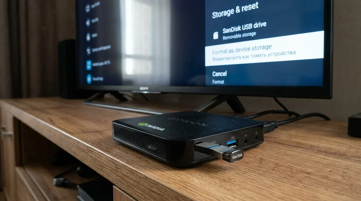 Компактный ТВ-бокс с подключенной быстрой флешкой USB 3.0 и открытым меню объединения накопителя на экране телевизора