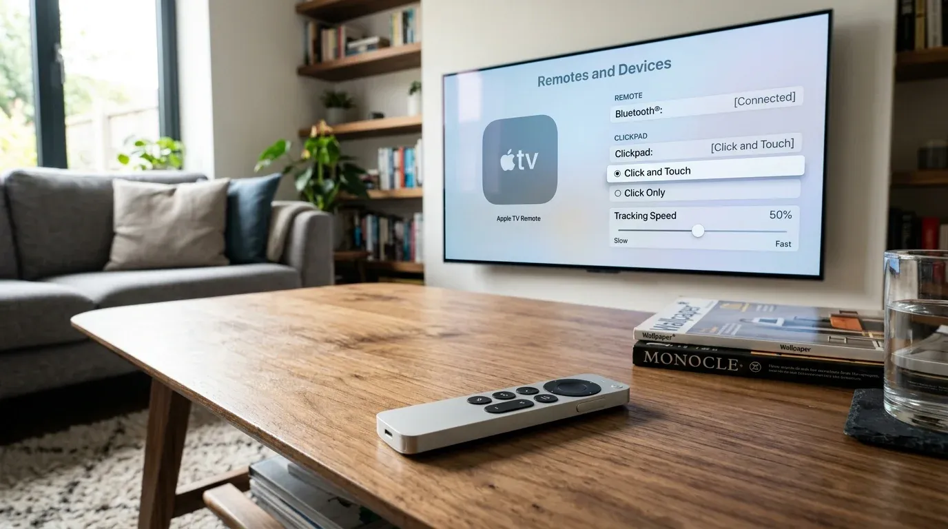 Экран настроек параметров кликпада в tvOS с выбором режимов Касание и нажатие и Только нажатие