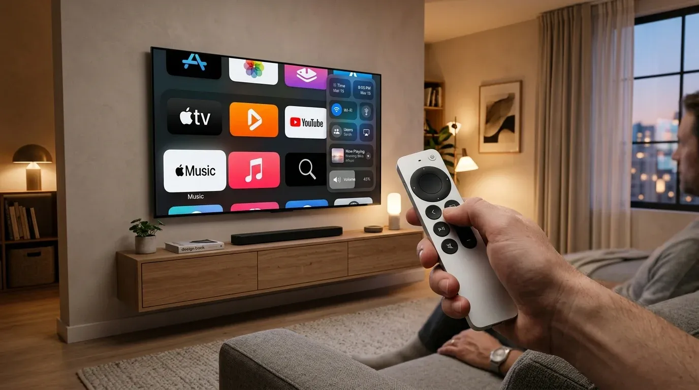 Управление медиаплеером Apple TV 4K с помощью алюминиевого пульта Siri Remote и открытым Пунктом управления на экране