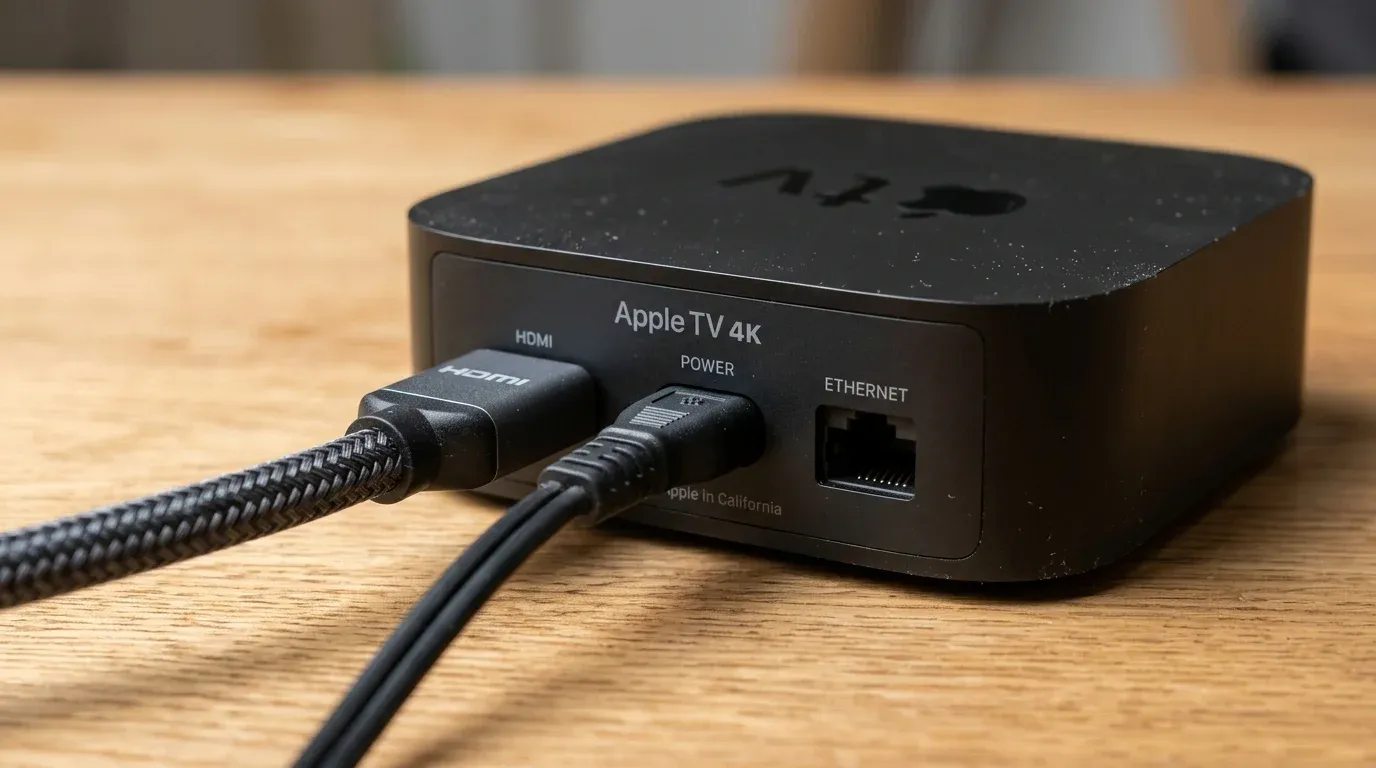 Макрофотография кабеля HDMI 2.1, подключенного к разъему HDMI eARC приставки Apple TV 4K и телевизора