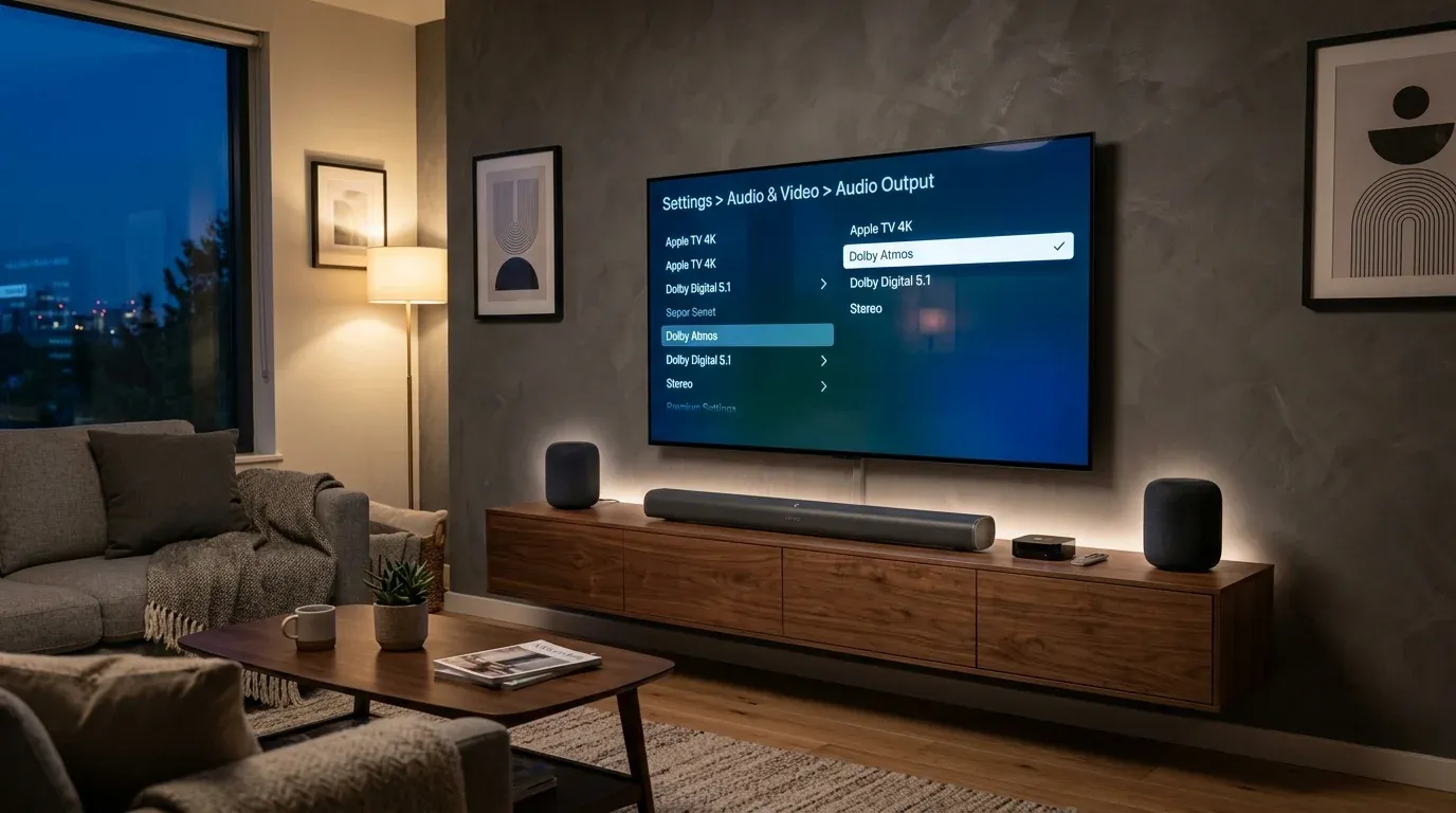 Минималистичная гостиная с приставкой Apple TV 4K, телевизором с меню Dolby Atmos, саундбаром и колонками HomePod