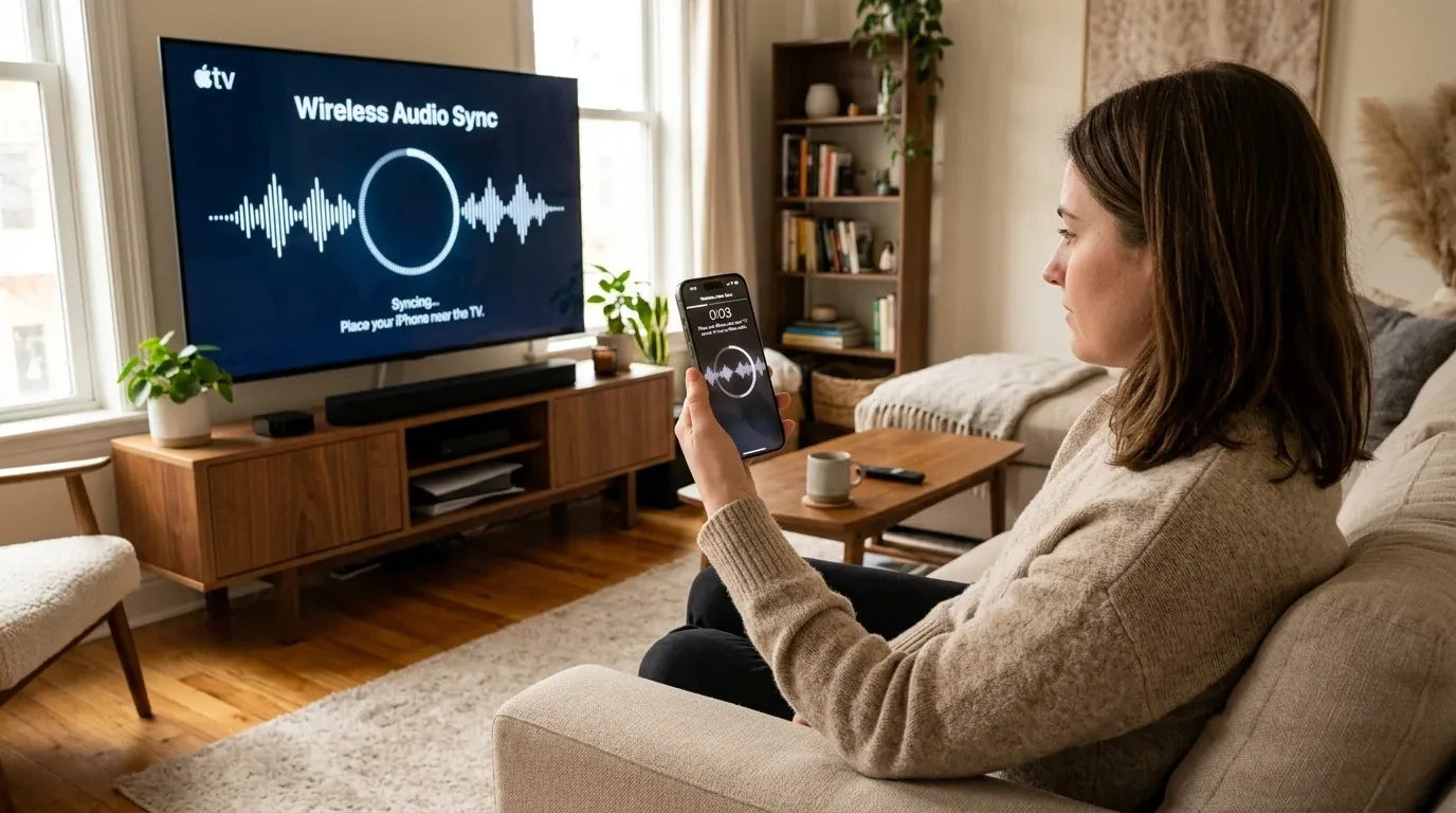 Девушка держит iPhone перед экраном Apple TV для выполнения беспроводной калибровки звука Wireless Audio Sync