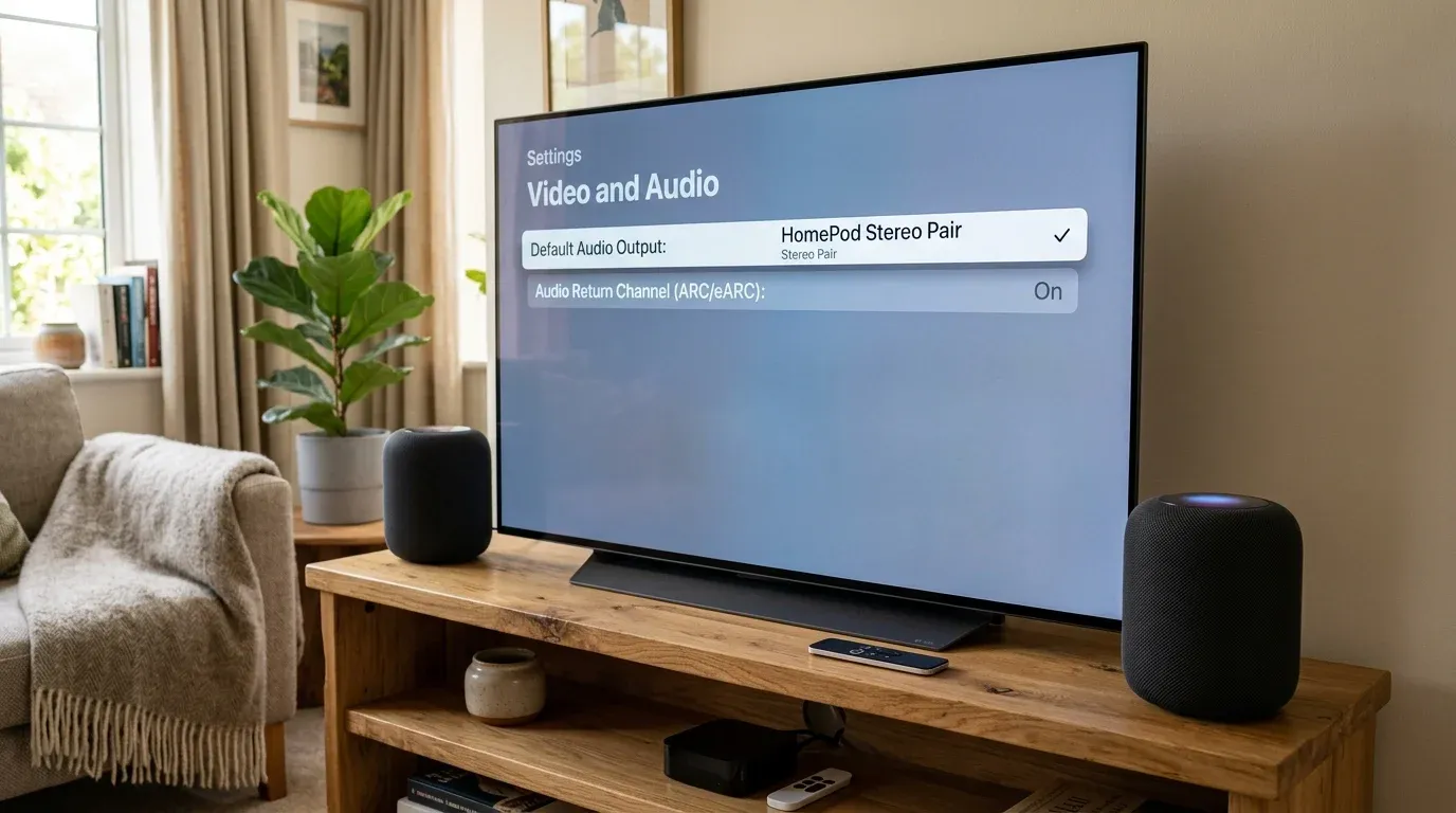 Телевизор с меню вывода звука tvOS на стереопару HomePod и активным каналом возврата звука eARC
