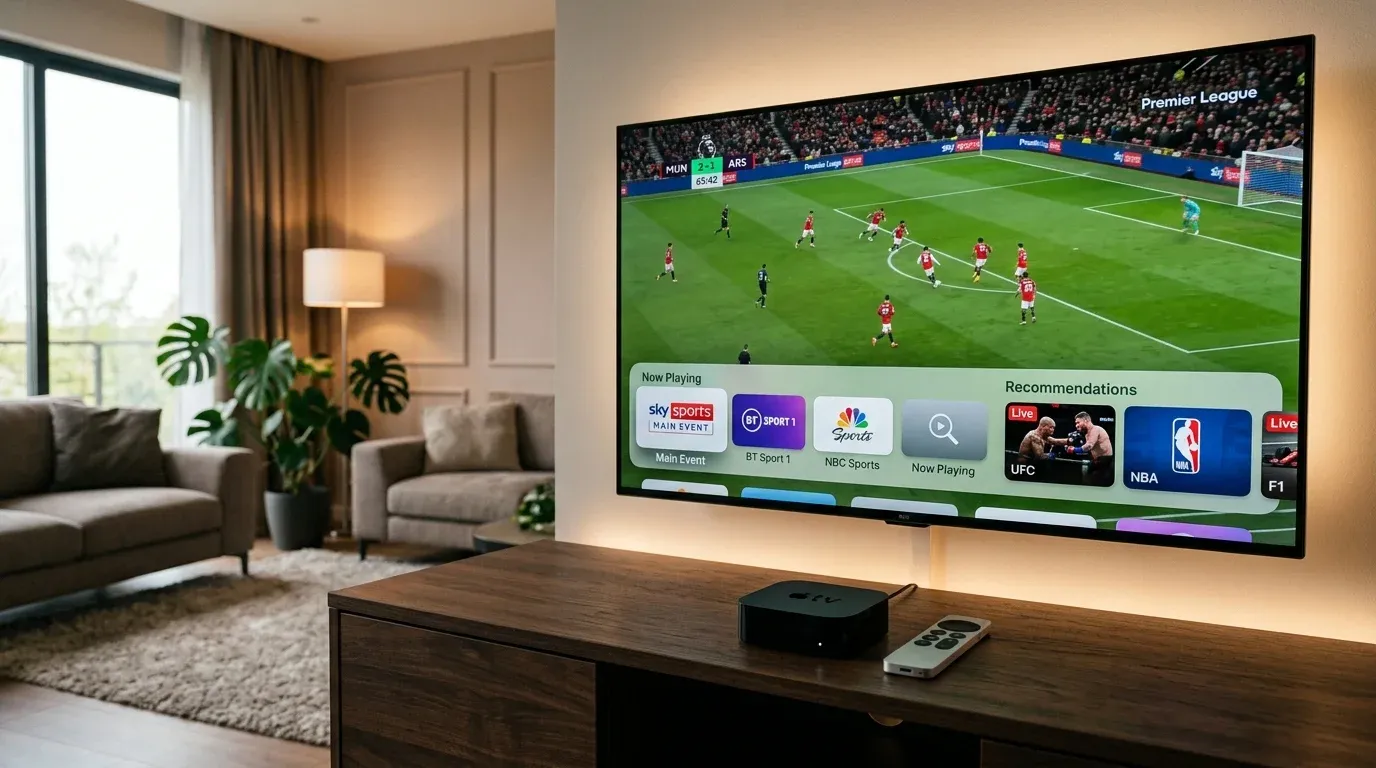 Приставка Apple TV 4K с пультом Siri Remote и запущенным современным IPTV-плеером на OLED-экране