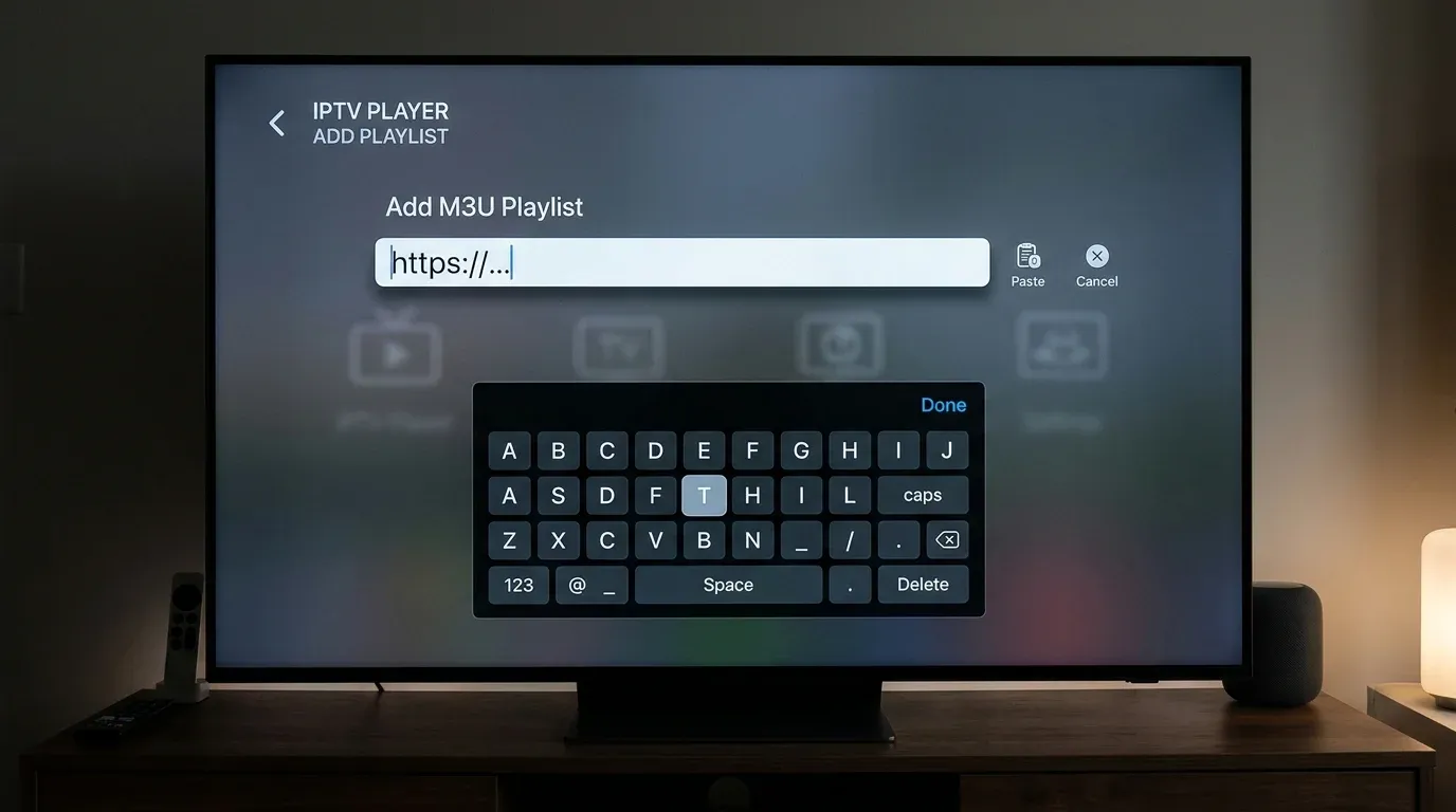 Интерфейс добавления нового M3U плейлиста в IPTV плеере на экране телевизора