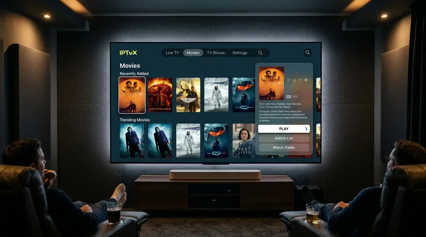 Интерфейс каталога фильмов и сериалов в приложении IPTVX на телевизоре Apple TV