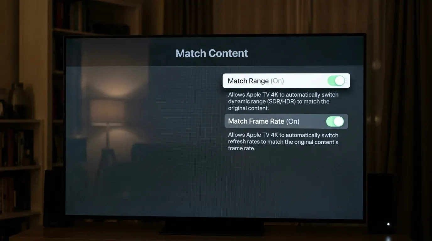 Меню настройкиMatch Content с тумблерами Match Range и Match Frame Rate на экранах Apple TV 4K
