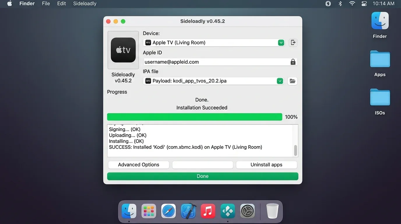 Главное окно программы Sideloadly с логами успешной установки IPA файла на Apple TV