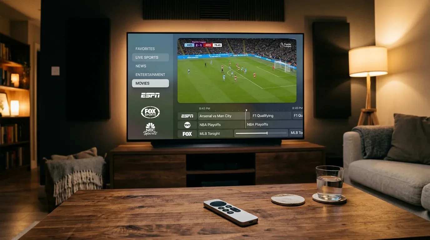 Интерфейс приложения UHF на экране Apple TV с категориями телеканалов и таймлайном телепрограммы