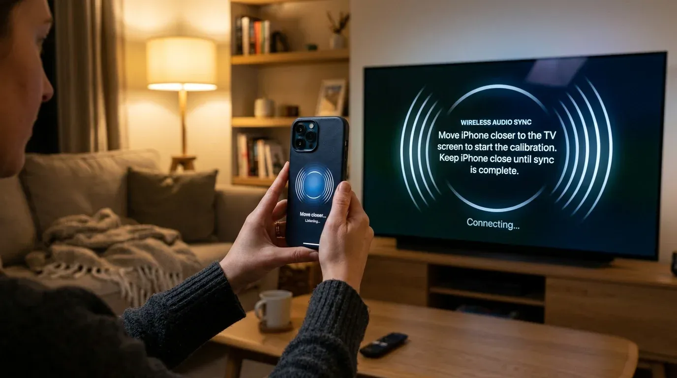 Процесс калибровки Wireless Audio Sync: человек держит iPhone перед экраном телевизора