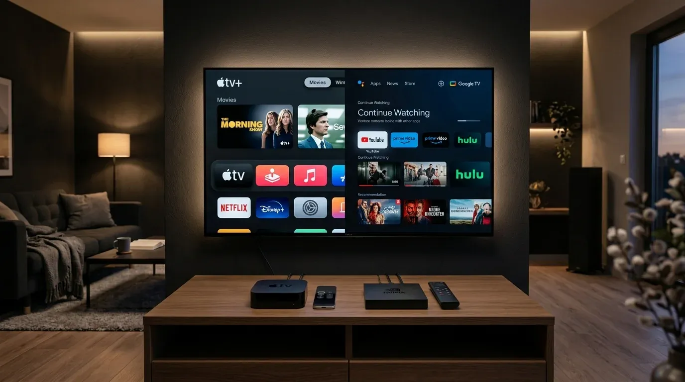 Сравнение интерфейсов медиаплееров Apple TV 4K на tvOS и Android TV бокса на полке домашнего кинотеатра