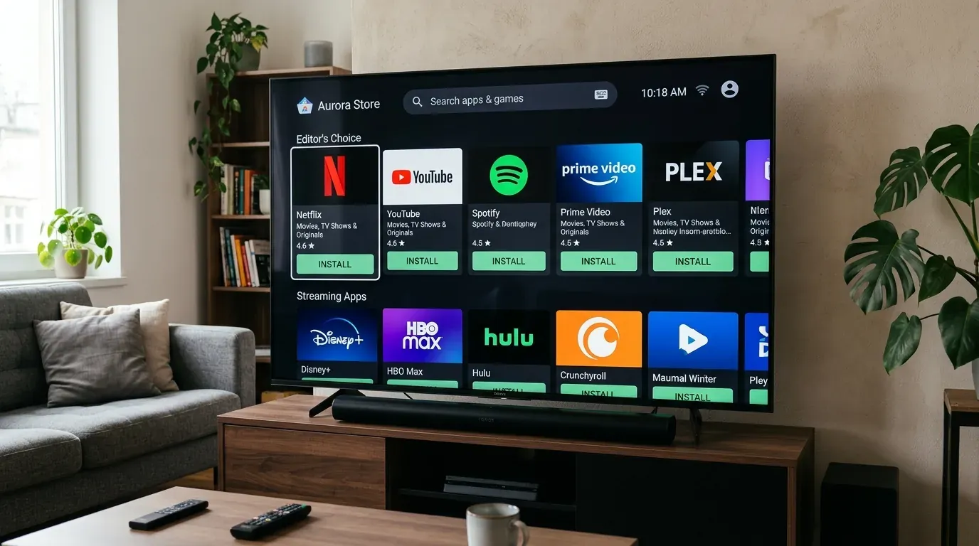 Главный экран альтернативного каталога Aurora Store на Android TV с витриной приложений