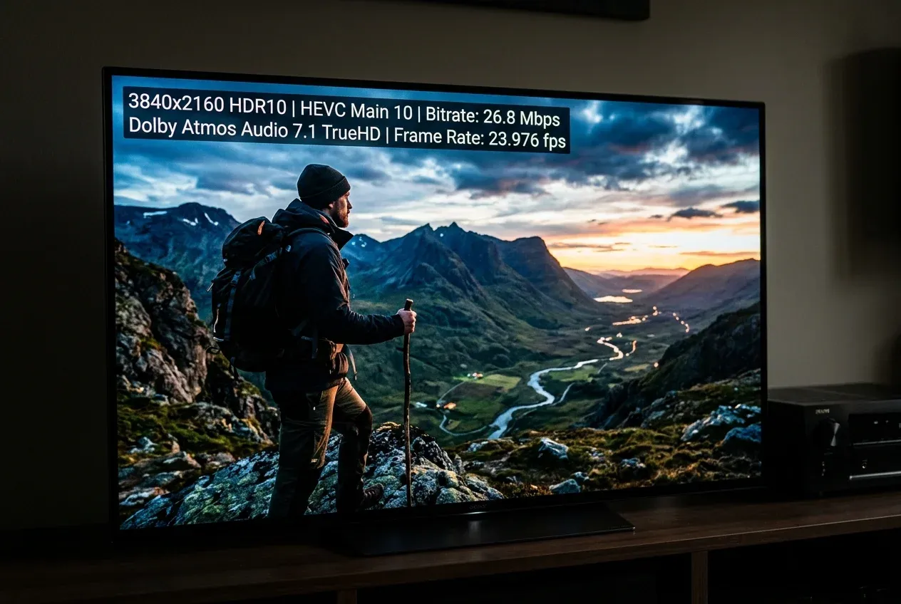 Экран 4K телевизора со статистикой потока фильма в HEVC Main 10, битрейтом 26.8 Мбит/с и звуком Dolby Atmos