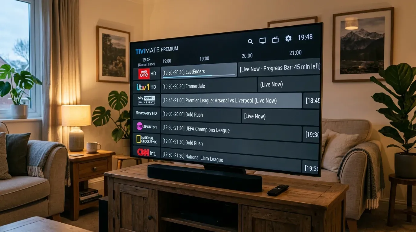 Экран IPTV-плеера TiviMate в интерьере гостиной