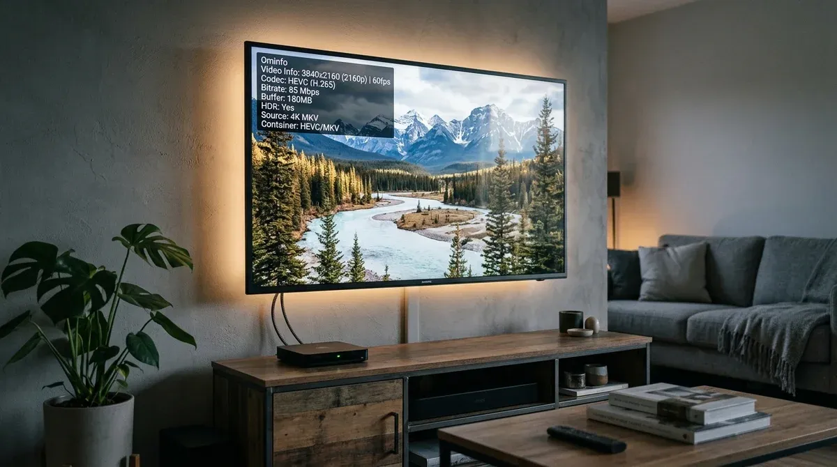Воспроизведение фильма 4K Remux на экране телевизора с техническим оверлеем битрейта 85 Мбит в секунду
