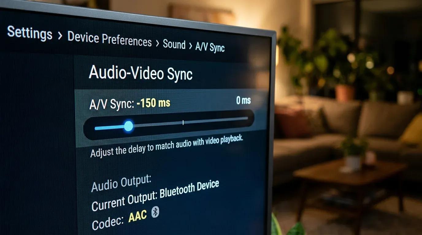 Меню регулировки синхронизации звука и видео Audio Video Sync в настройках Android TV