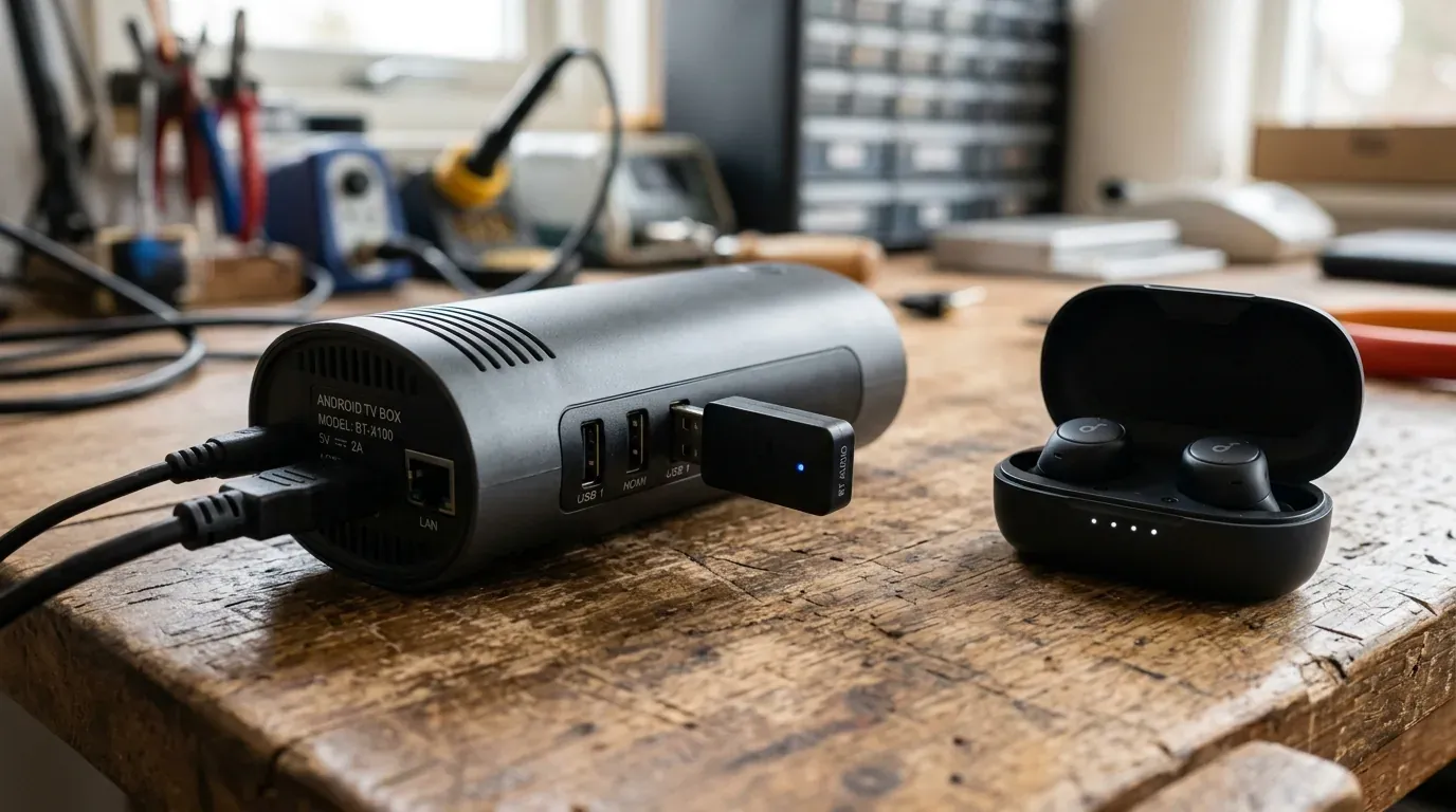 Компактный внешний USB Bluetooth аудиоадаптер трансмиттер подключенный в порт ТВ-приставки