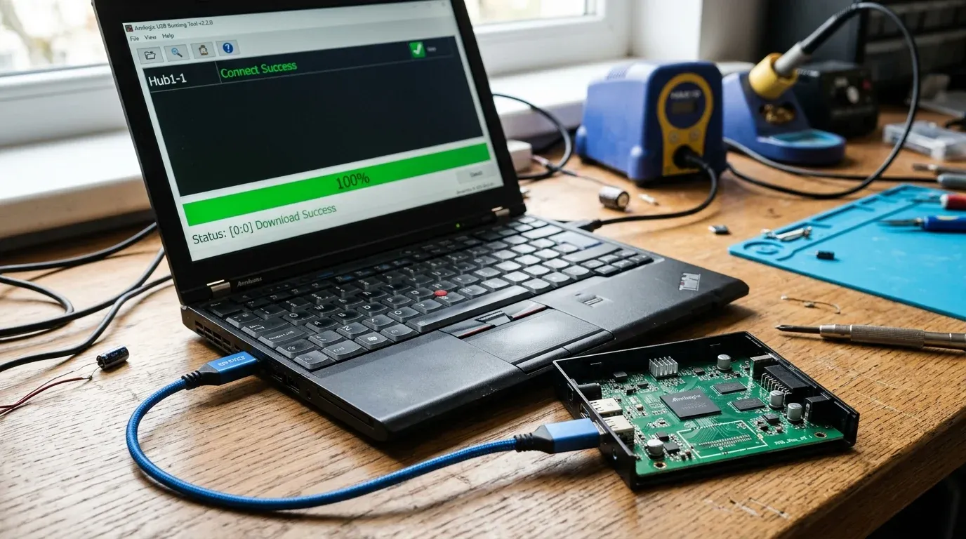 Ноутбук на столе с открытой программой Amlogic USB Burning Tool со статусом Connect Success и шкалой 100%