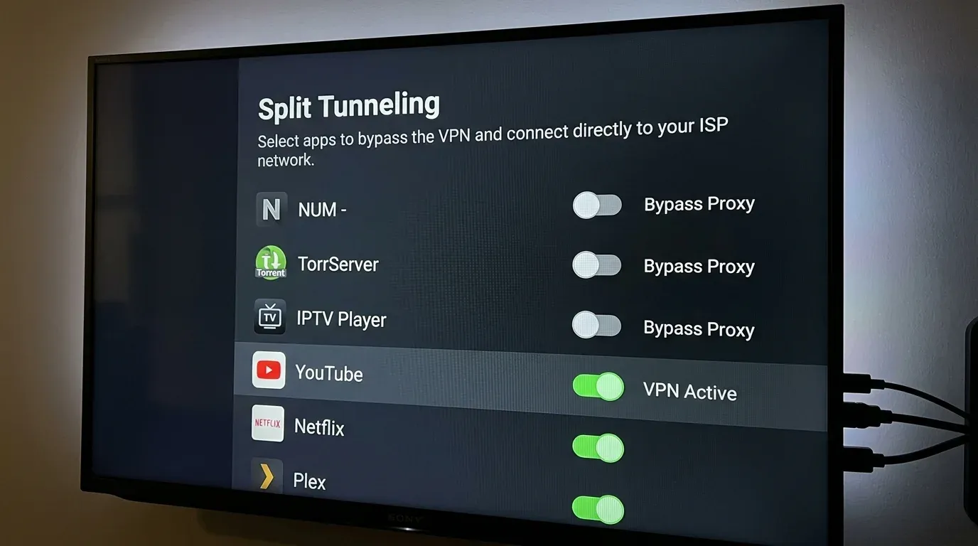Меню раздельного туннелирования приложений на Android TV с исключением NUM и плееров