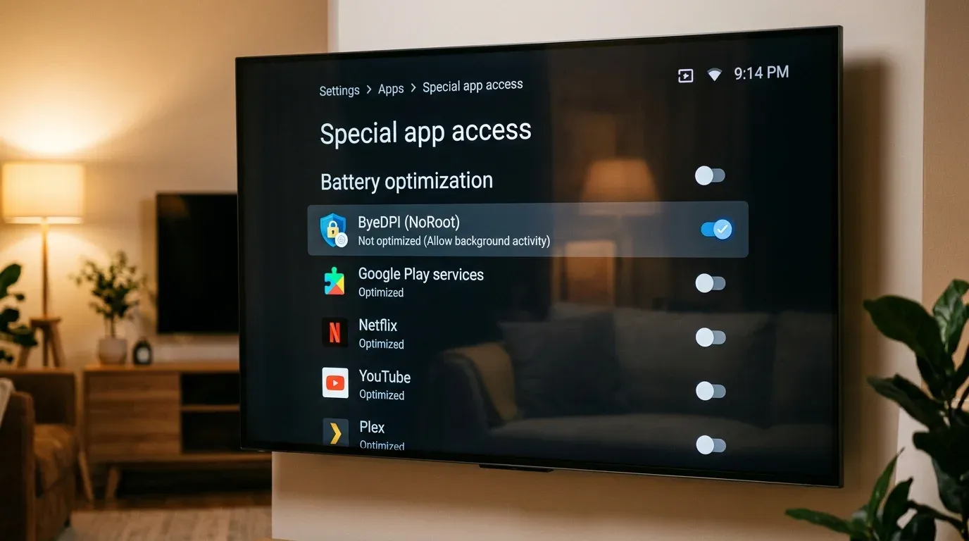Экран специальных разрешений Android TV с отключенной оптимизацией батареи для ByeDPI
