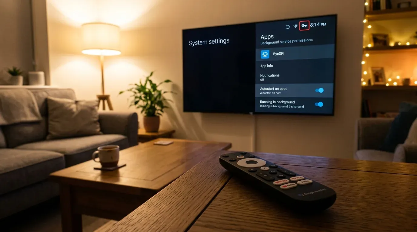 Меню системных настроек Android TV с активным разрешением работы в фоне и иконкой VPN-соединения