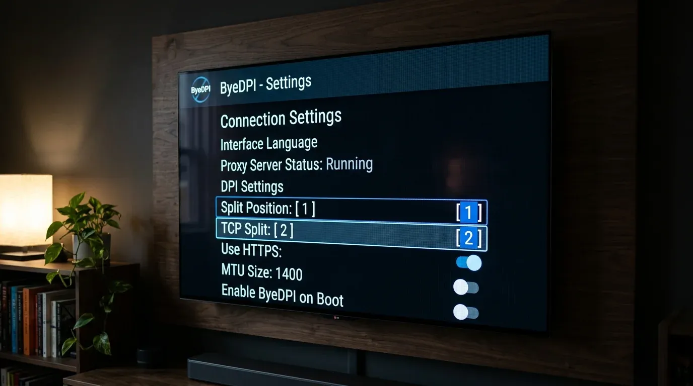 Интерфейс настроек ByeDPI на экране телевизора с выделенными параметрами Split Position и TCP Split