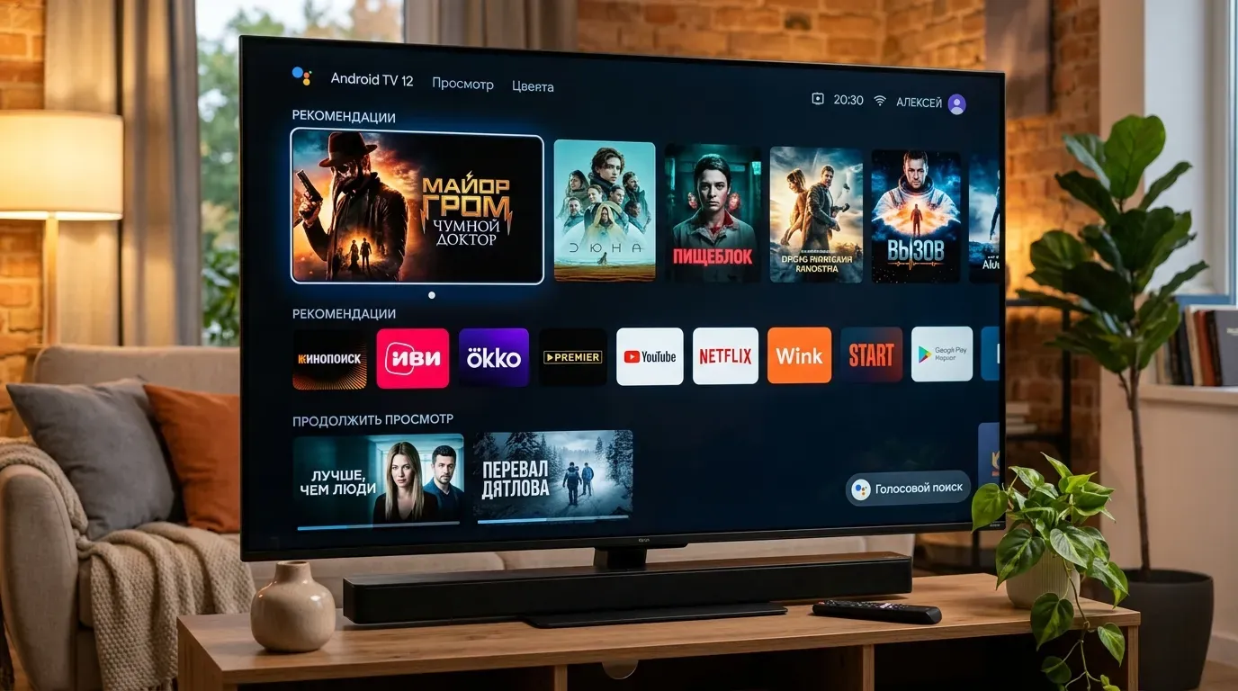 Телевизор с чистым домашним экраном Android TV 12 и иконками стриминговых сервисов