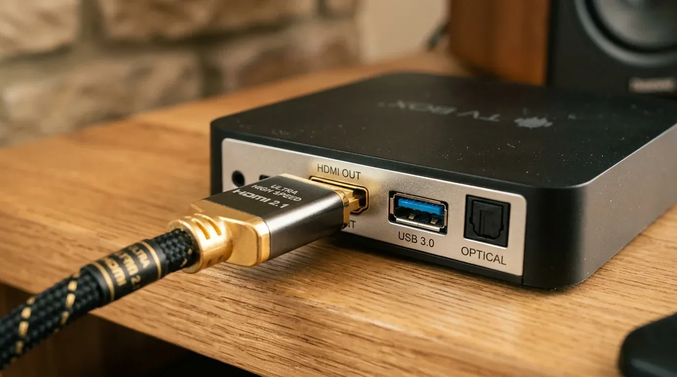 Макросъемка позолоченного кабеля HDMI 2.1 в разъеме ТВ-бокса рядом с портами USB 3.0 и оптикой