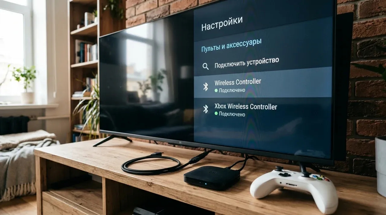 Экран телевизора с открытым меню настроек Пульты и аксессуары на Android TV и сопряженными геймпадами