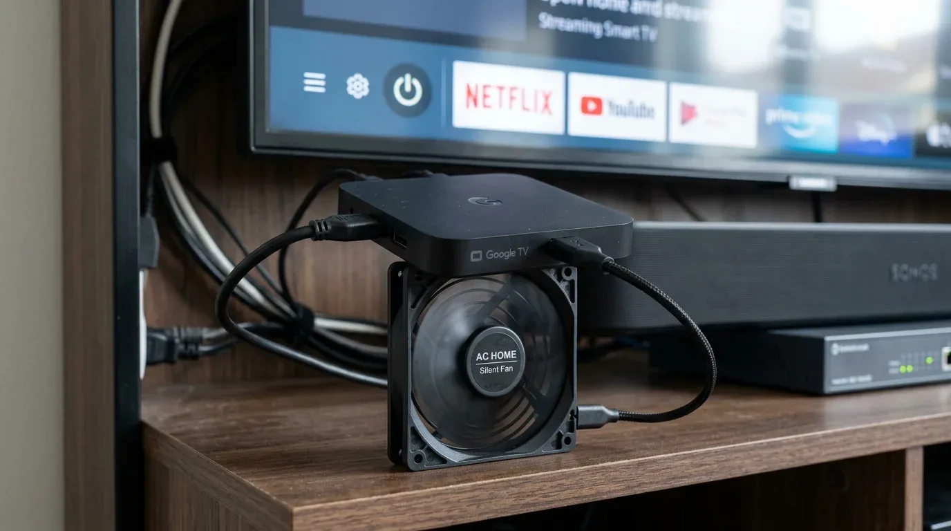 Черная Андроид приставка стоит на тонком бесшумном кулере, подключенном к USB-разъему