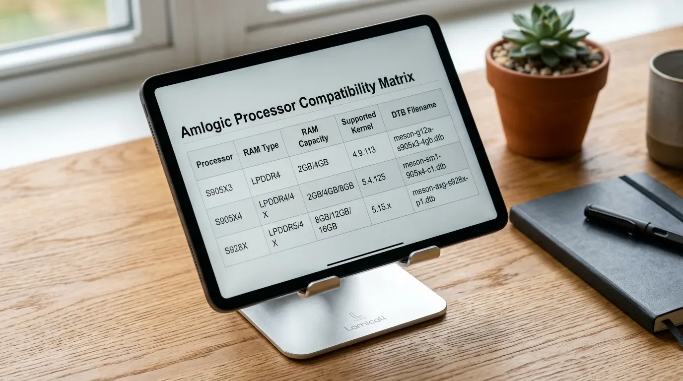 Планшет на алюминиевой подставке с таблицей соответствия процессоров Amlogic и имен файлов dtb