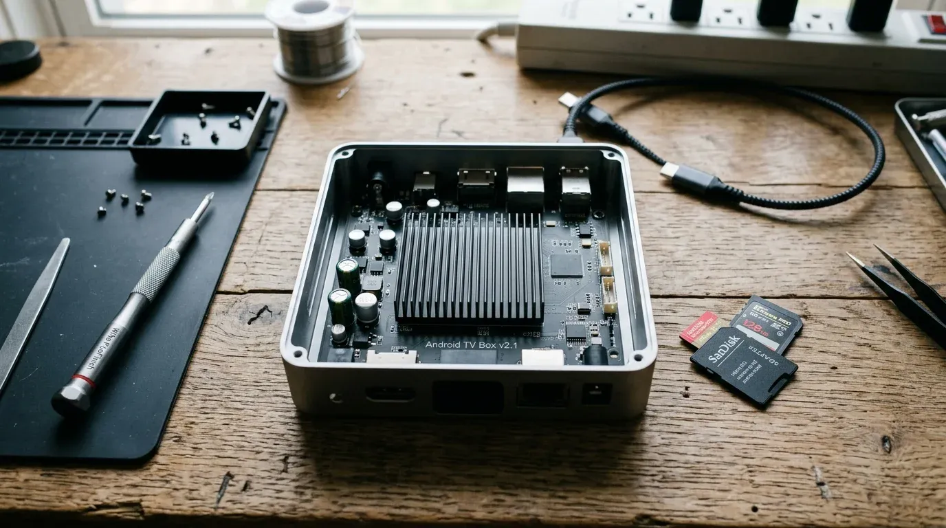 Разобранный корпус ТВ-бокса с радиатором охлаждения рядом с MicroSD картой и инструментами