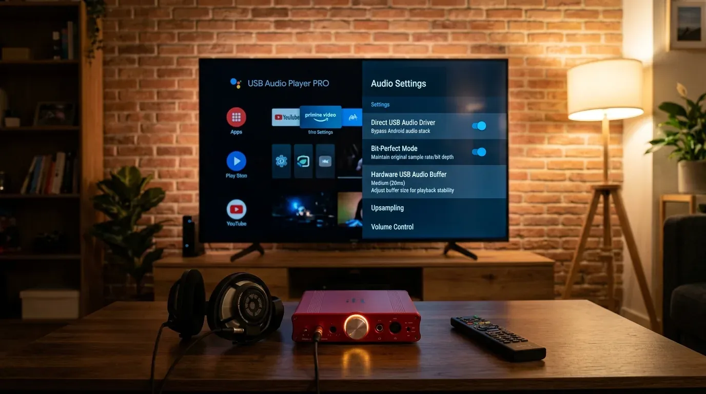Экран настроек звука USB Audio Player PRO на Android TV с активным Bit-Perfect Mode