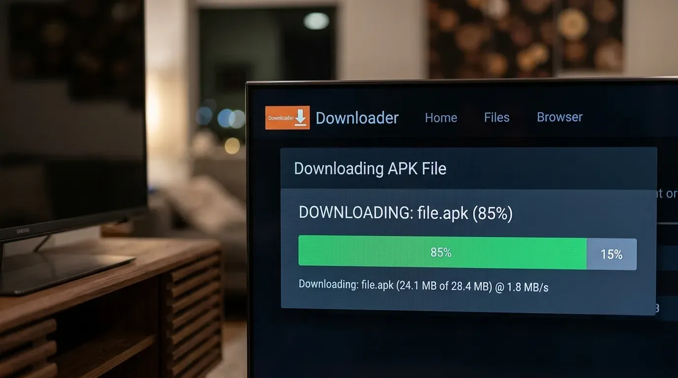 Экран загрузки установочного файла APK в приложении Downloader с прогресс-баром передачи данных