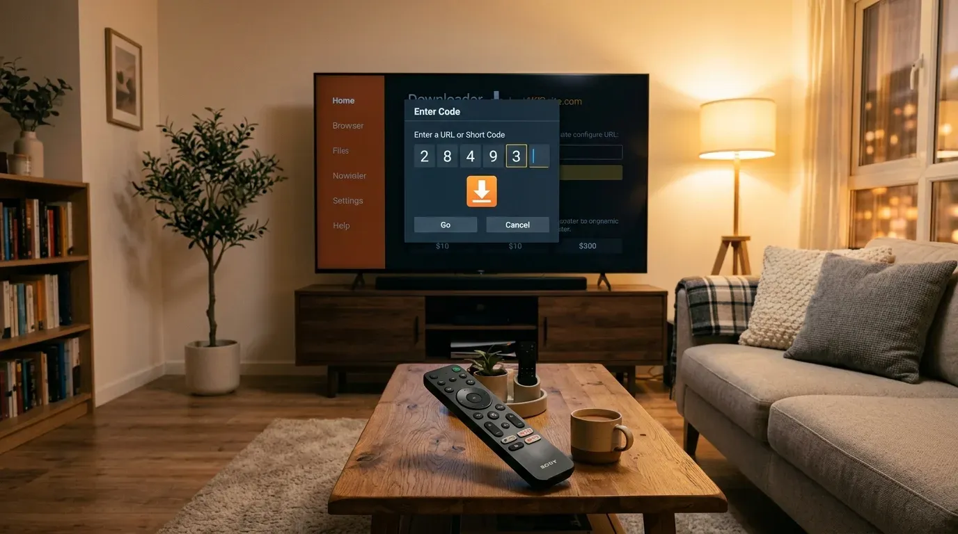 Интерфейс приложения Downloader на экране 4K Smart TV с полем ввода короткого числового кода