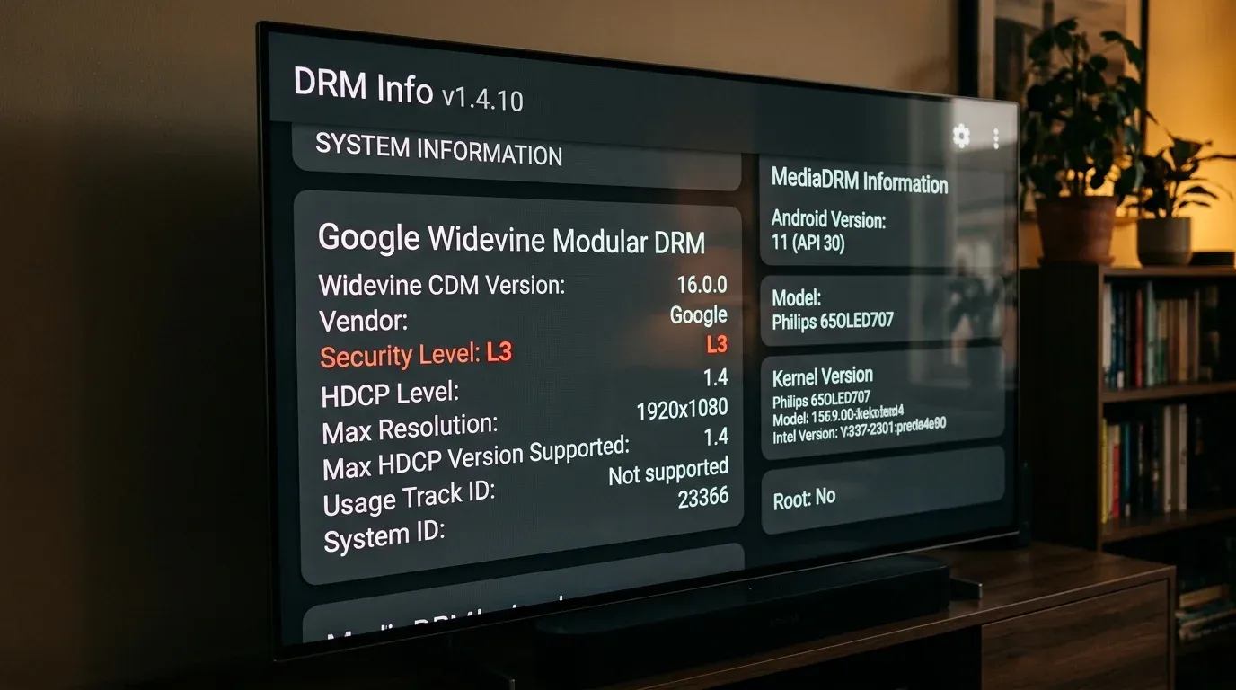 Интерфейс приложения DRM Info на телевизоре с отображением Security Level L3 и HDCP 1.4