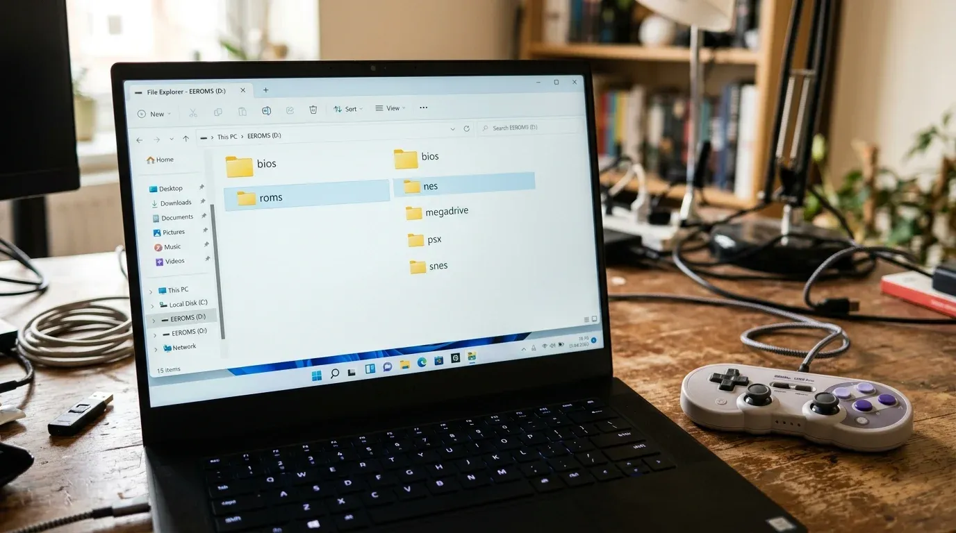 Проводник Windows с открытым диском EEROMS и папками bios и roms для ретро-эмуляторов